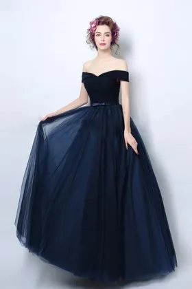dark navy tulle off shoulder elegant formal dress