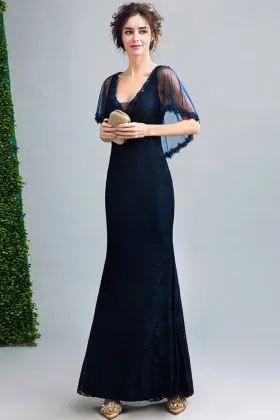 Beaded Sheer cape Dark Navy mermaid Evening Dress