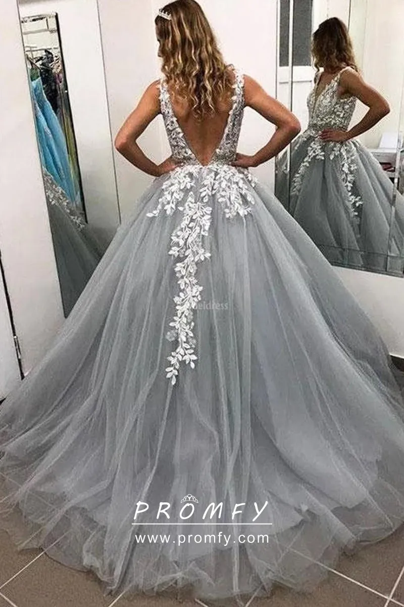 Smoky Gray Tulle Lace Appliques Vintage Prom Dress Promfy