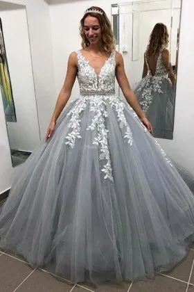 smoky gray tulle lace appliques vintage prom dress