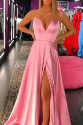 unique spaghetti straps split pink satin prom dress