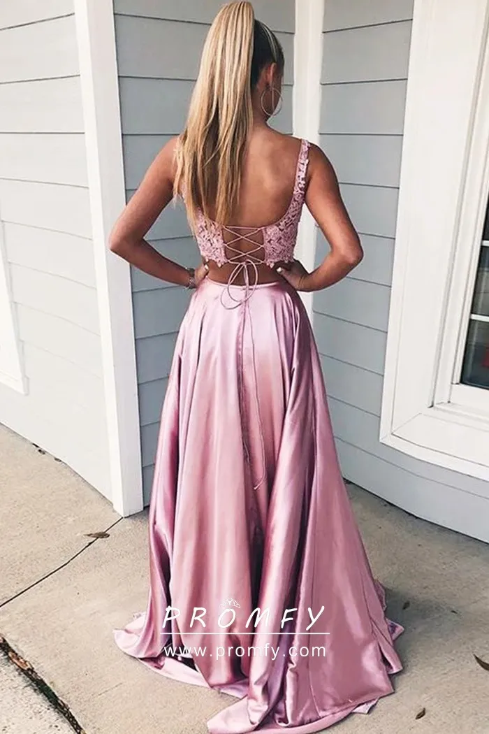Twopiece Pink Lace Satin High Slit Cute Prom Dress Promfy
