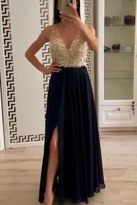 beaded champagne bodice dark navy split prom dress