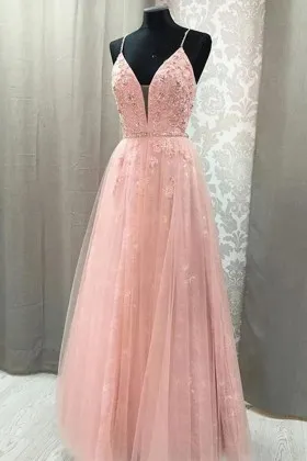 pink lace tulle plunging neck beaded prom dress