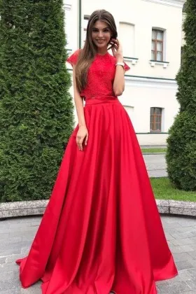 two piece red lace satin cap sleeve prom dress