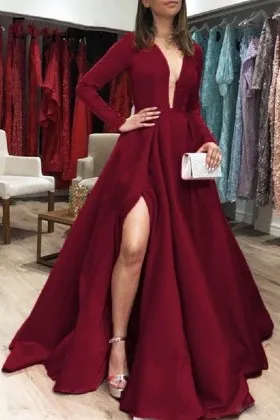 Plunging Neckline Burgundy Satin Split Prom Dress