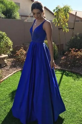 royal blue satin plunging neck simple prom dress
