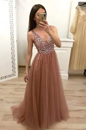 beaded sleeveless bodice brown tulle cute prom gown