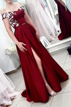 wine satin and white lace appliques split elegant prom dress