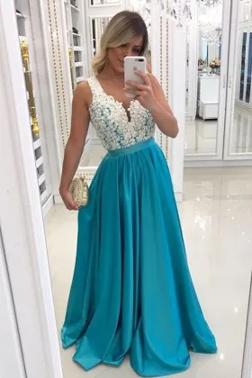 pearls adorned white lace turquoise satin prom gown