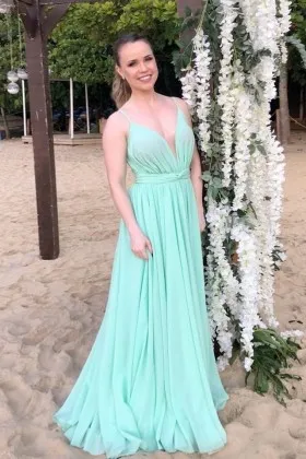 Mint Chiffon Plunging Neck Summer Flowy Prom Dress