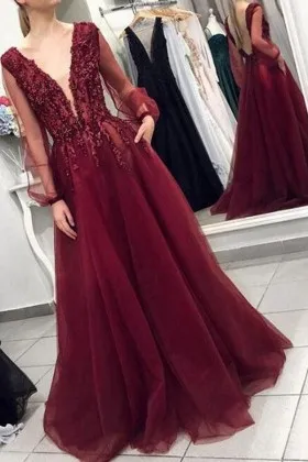 beaded maroon tulle sheer long sleeves formal dress