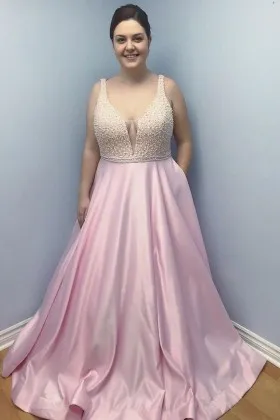 pearls bodice blushing pink satin plus size prom formal dress