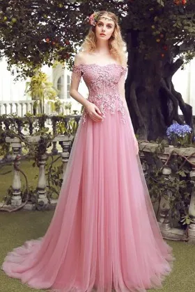 candy pink lace tulle A line princess prom dress
