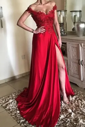 beaded red lace satin off shoulder slit prom gown