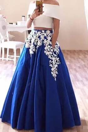 unique two tone two piece lace appliqued prom dress
