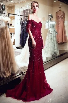wine tassel short sleeve sequinned long prom dress
