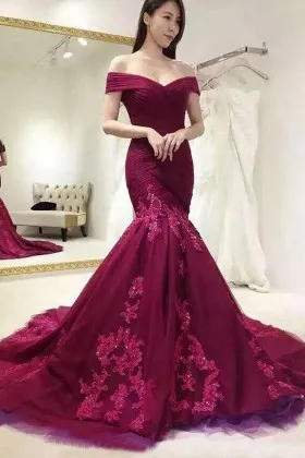 pleated off the shoulder burgundy mermaid formal gown