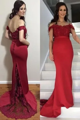 off shoulder red lace satin pregnant prom dress
