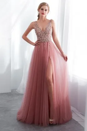 Sequins Beads pink Tulle Split Evening Prom Gown