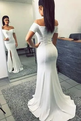 Off the shoulder Short Sleeve White Split Prom Dress