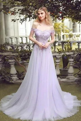 lilac lace tulle tassels short sleeves prom dress