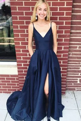 simple dark navy satin V neck high slit prom dress