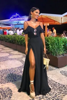 ruffled cold shoulder spaghetti straps a line dress