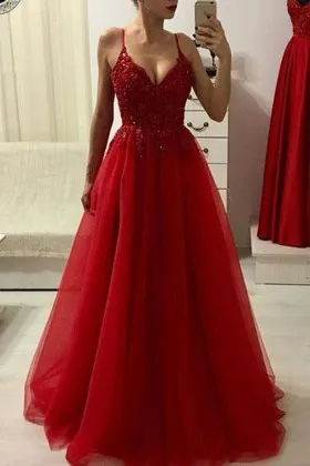 beaded red lace tulle V neck fashion prom dress