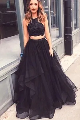 black lace tulle halter two piece chic prom dress