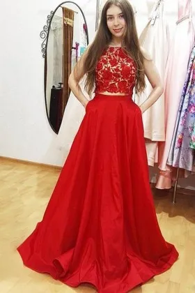 Red Lace Satin Two piece Prom Dress with Pockets