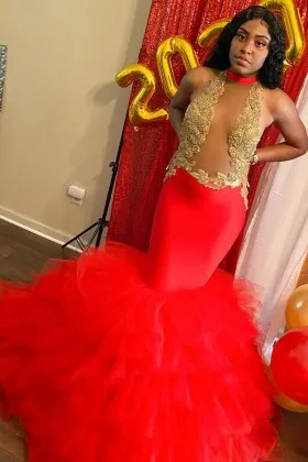 Sexy open front gold lace red tulle trumpet prom dress
