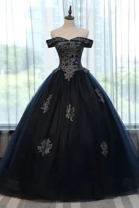 gold lace appliqued dark navy ball gown prom dress