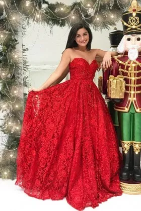 red lace with beads strapless sweetheart prom dress