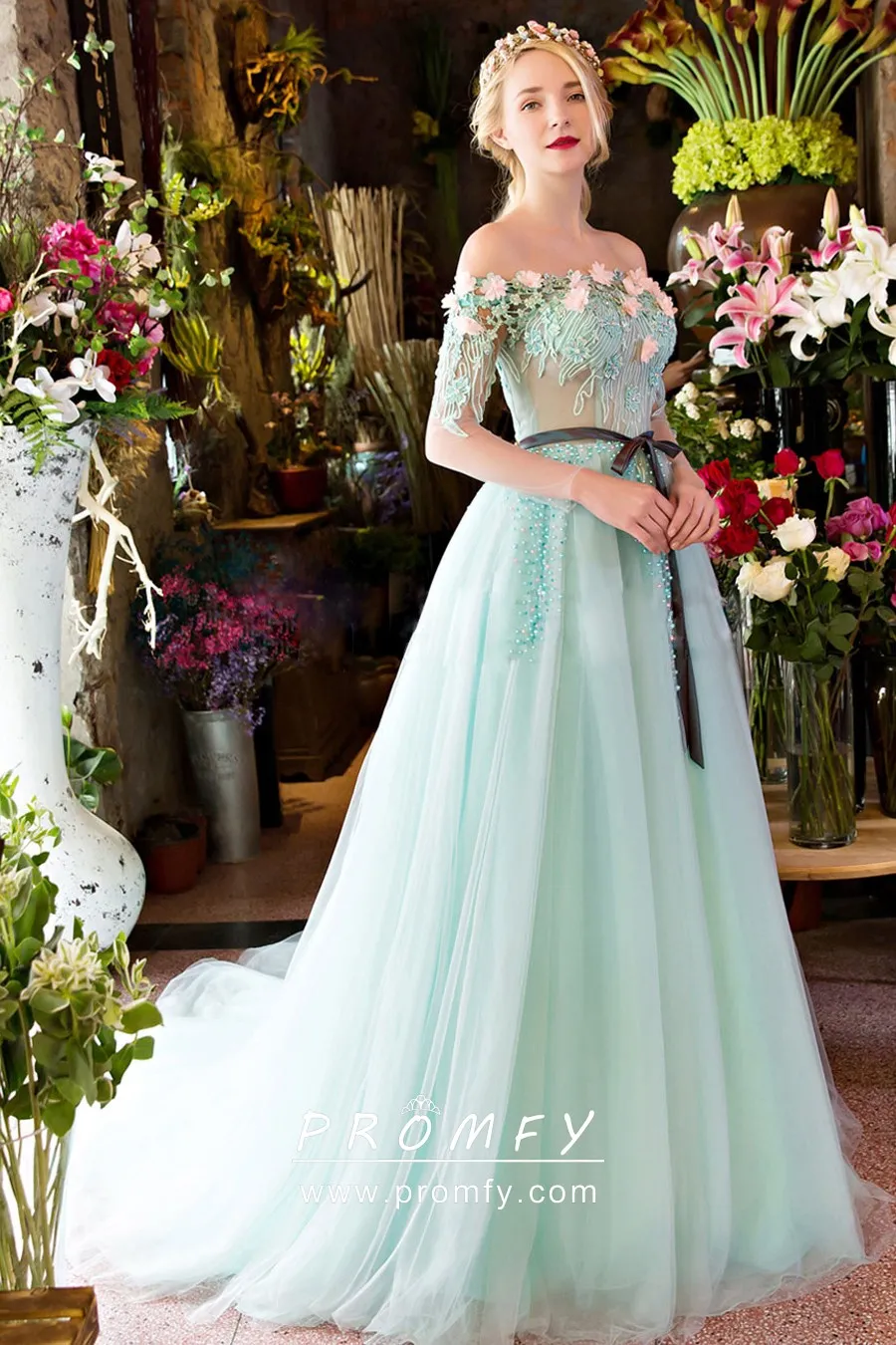 Ftupza Gorgeous 3D Floral Quinceanera Dresses Size 2024 Puffy Tulle Ball Gowns For Women Off Shoulder Long Prom Dress Aqua Size 0 At Women's Clothing Store