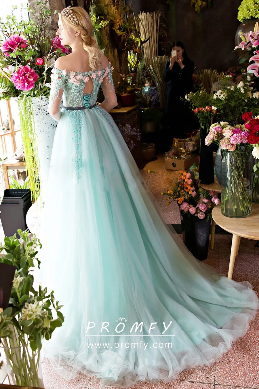 Flower Fairy Champagne 3D Lace Embroidered Floral Prom Dresses