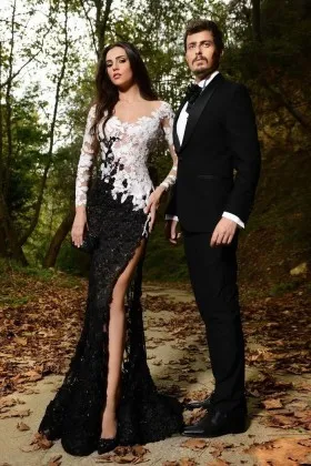 dramatic white black illusion lace slit prom gown