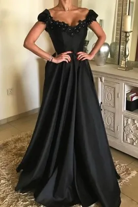black satin beaded floral lace V neck formal dress