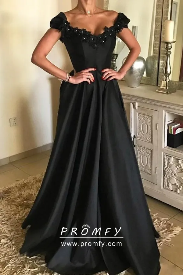 Black Satin Beaded Floral Lace V Neck Formal Dress - Promfy