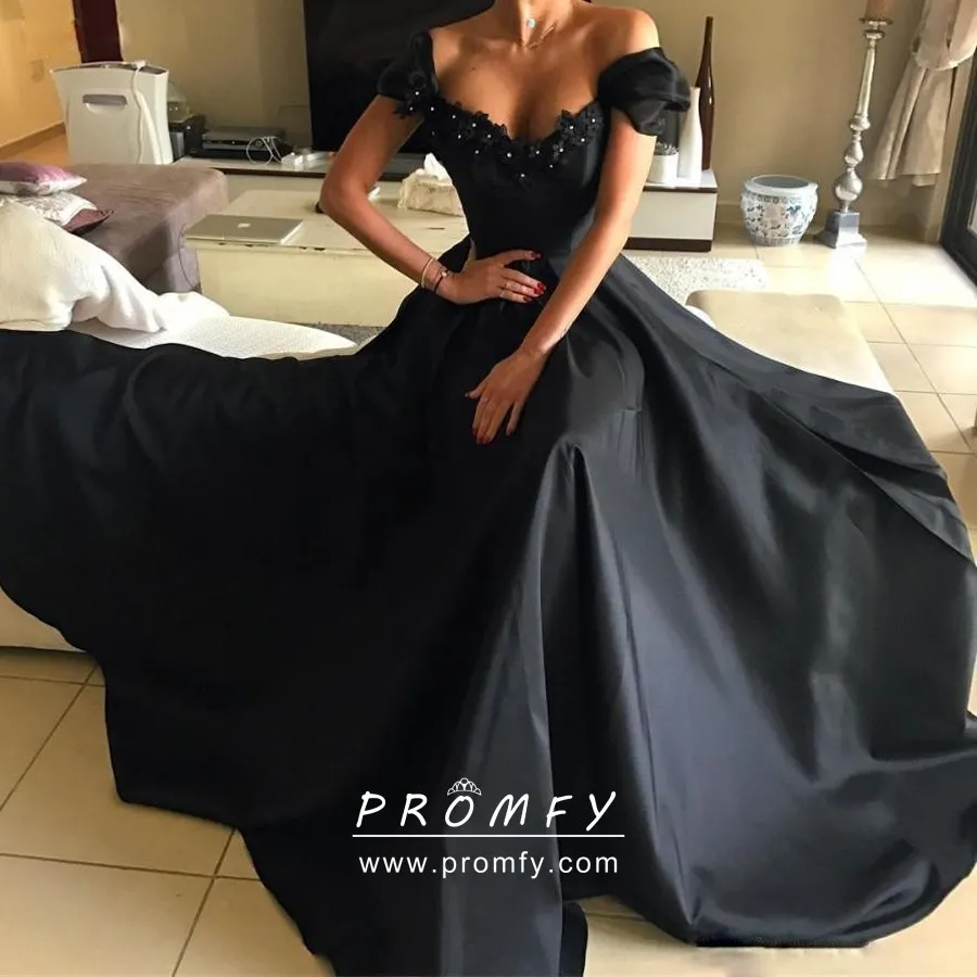 Black Satin Beaded Floral Lace V Neck Formal Dress - Promfy