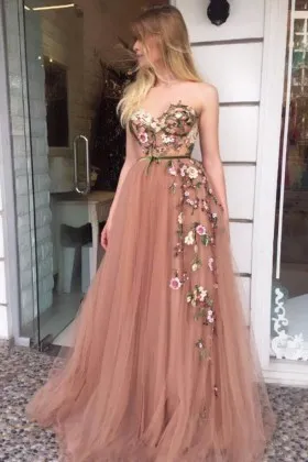floral appliqued nude tulle fairytale prom dress