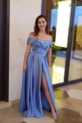 sky blue satin off shoulder slit fashion prom dress