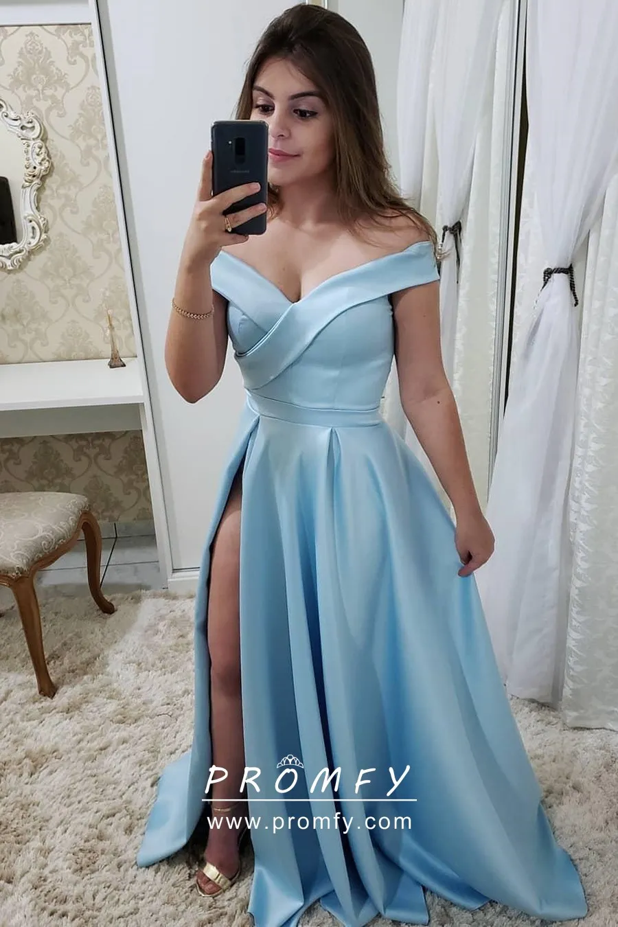 light blue satin dress