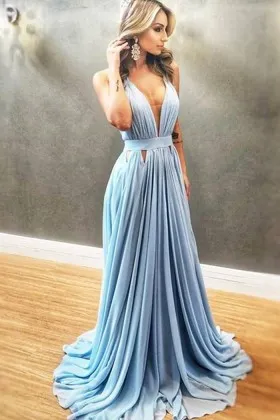 pleated ice blue chiffon plunging neck prom dress