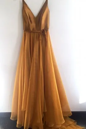 Fabulous Mustard Satin and Chiffon V Neck Party Dress