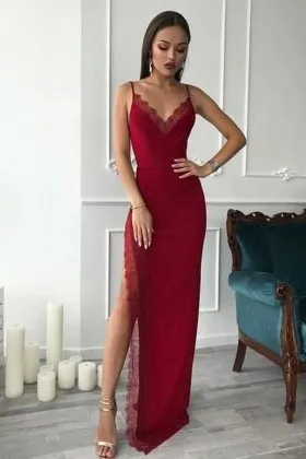 Lace Trimmed Thigh high Slit V Neck Dark Red Dress