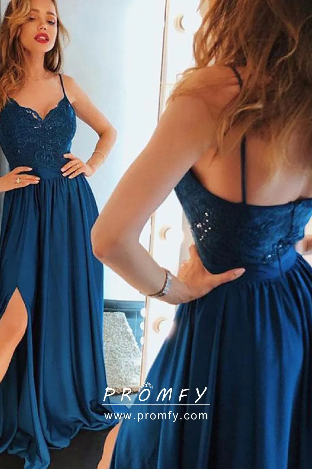 blue spaghetti strap prom dress