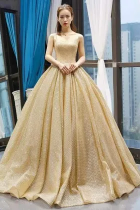 sparkly gold glitter square neck Quinceanera dress