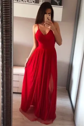 perfect V neck red satin tulle split prom dress