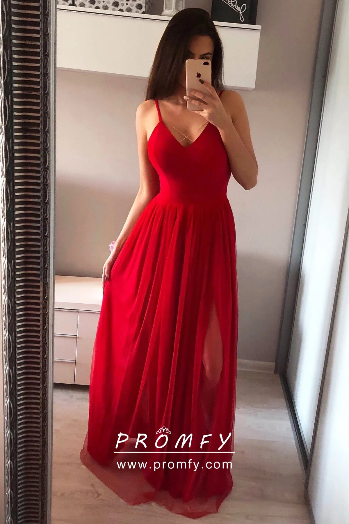 Red Satin \u0026 Tulle Split Prom Dress 